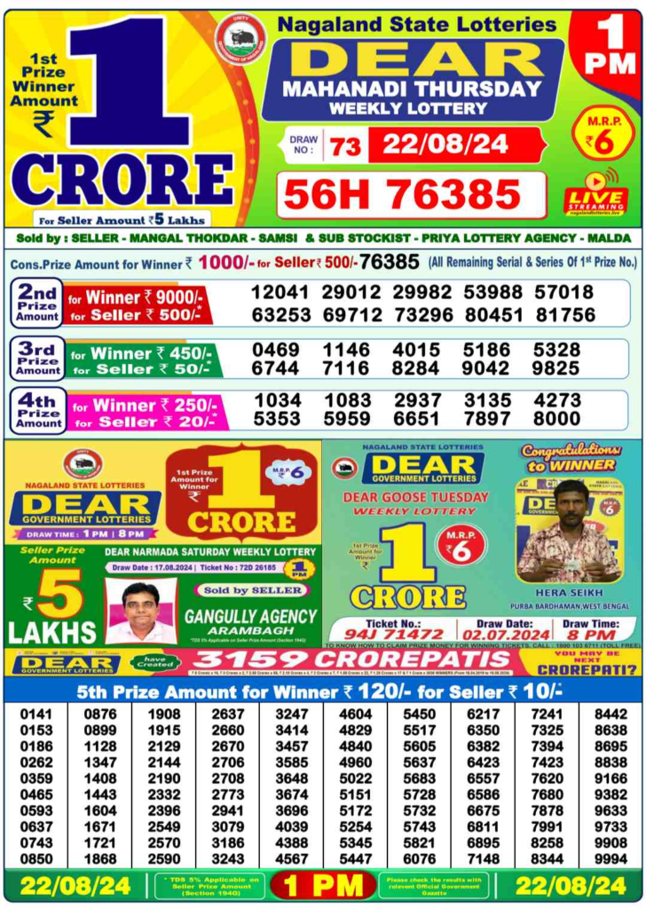 dear lottery result today 1pm
