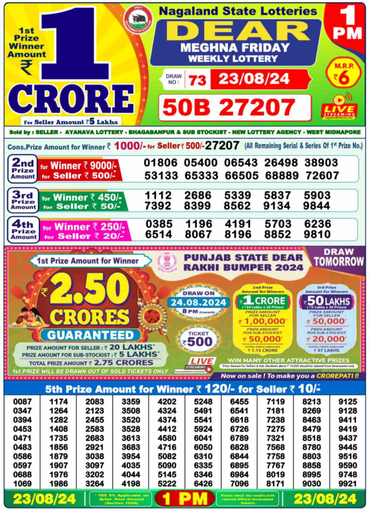 dear lottery result today 1pm 23 August